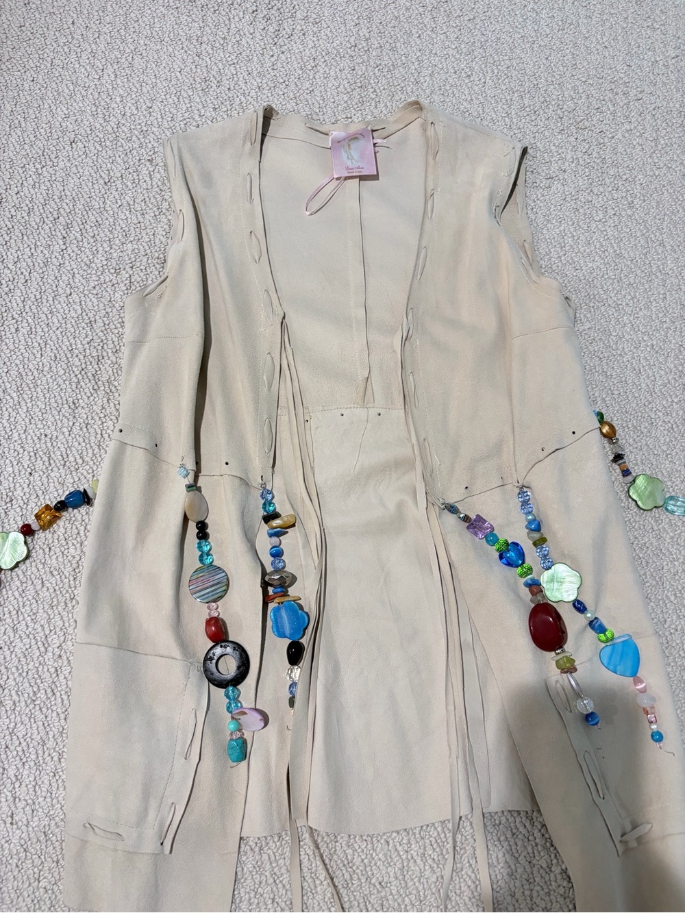 Bonjour Madame Ivory Suede Beaded Rhinestone Vest Made in Italy XS/S